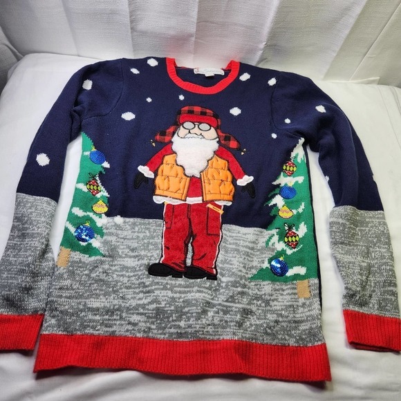 Jolly Sweaters Outdoorsman Santa Sweater Womens Size Medium Christmas Tree Top - Picture 1 of 8